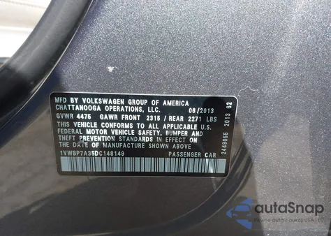 2013 Volkswagen Passat 2.5L Se from USA, damaged, VIN 1VWBP7A35DC148149